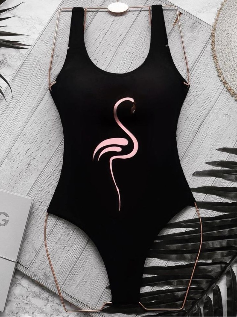Women's Black One-Piece Swimsuit with Pink Flamingo Graphic